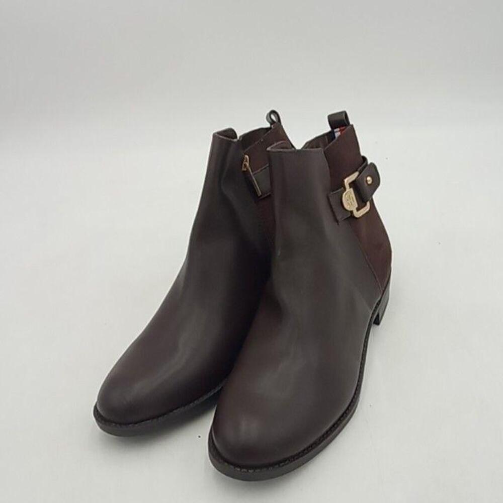 Tommy Hilfiger Boots Womens Brown Leather Ankle Buckle Zip Bootie New Size 8.5